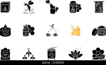 Beekeeping black glyph icons set on white space Stock Vector