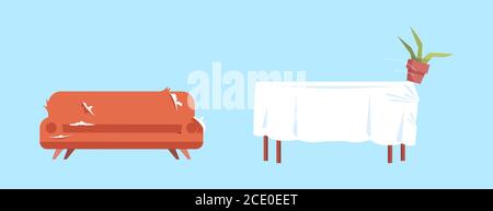 Red shabby sofa, table with white cloth and flower pot semi flat RGB color vector illustration set Stock Vector