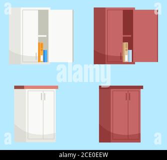 Red and white kitchen wall cabinets semi flat RGB color vector illustration set. Stock Vector