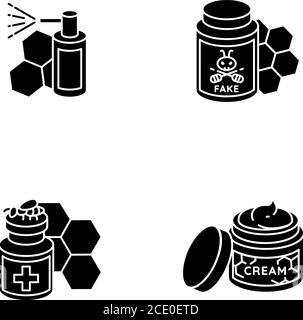 Natural bee products black glyph icons set on white space Stock Vector