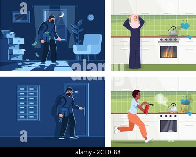 Homeplace accidents semi flat vector illustration set Stock Vector
