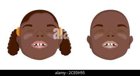 African toothless boys and girls smiling, fallen milk teeth, vector illustration. Stock Vector