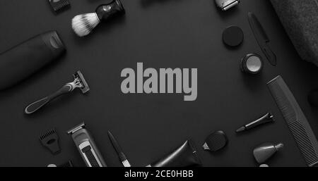 Men beauty and health concept. Various shaving and bauty care accessories placed on black background Stock Photo