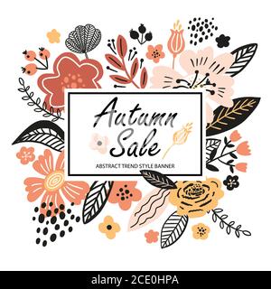 Vector floral banner sale autumn illustration in trend colors. Flat flowers, petals, leaves with and doodle elements. Collage style botanical Stock Vector
