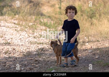 Little boy walking and playing with his little dog in forest, away from the danger of the city and traffic Stock Photo