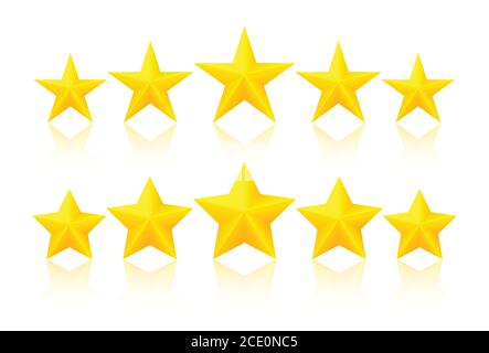 Five golden stars with reflection on white background, vector eps 10 illustration. Stock Vector