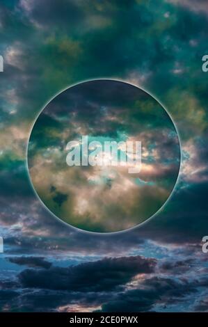 Aesthetic modern art collage with clouds sky in style of the 80-90s. Real natural sky composition in bright neon colors. Vaporwa Stock Photo