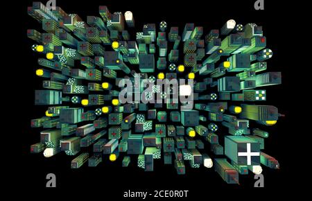 Aerial view of New York neon city skyline of plastic construction bricks at night. Aerial view 3D illustration in isometric perspective in pixel art f Stock Photo