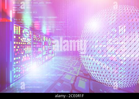 Concept of digital connection and transactions connectivity in server room. Virtual network with matrix text and server farm computers. Concept of cry Stock Photo