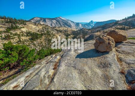 Panorama of Olmsted Point, off Tioga Pass Road in Yosemite National Park, California, United States. Top overlook to see: Tenaya Canyon, Half Dome Stock Photo