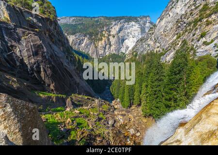 Vernal Falls top aerial view on Merced River Mist trail in Yosemite National Park. The beautiful waterfalls with rainbow of California, United States Stock Photo
