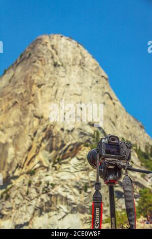 Yosemite, California, United States - July 24, 2019: time-lapse and panoramic photography of Liberty Cap Mist trail in Yosemite National Park. Canon Stock Photo