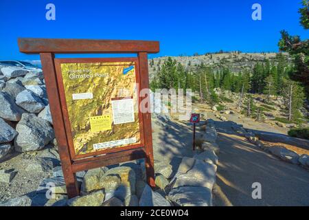 Yosemite National Park, California, United States - August 10,2019: map signboard of Olmsted Point in California, United States. Olmsted lookout to