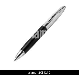 Metal pen isolated on white background. Black ballpoint pen cut out. Metallic disposable biro pen. Stock Photo