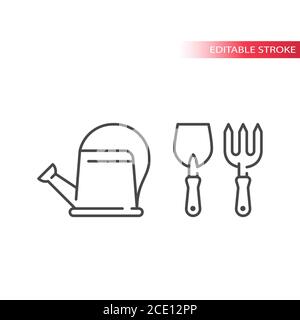 Gardening tools thin line vector icons. Trowel or shovel with pitchfork and watering can outline icons, editable stroke. Stock Vector