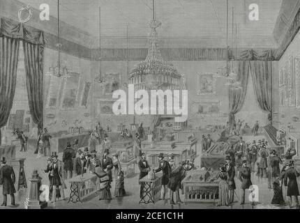 France, Paris. The first International Exhibition of Electricity, 1881. Held from August 15 through to November 15, 1881 at the Palais de l'Industrie on the Champs-Elysées. This congress was important to built the modern International System of Units, since ohm, ampere, coulomb and farad were defined on that occasion. Thomas Edison (1847-1931) special installation. Engraving. La Ilustracion Española y Americana, 1881. Stock Photo