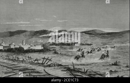 Tunisia. After the conquest of the country by France, and the constitution of the French Protectorate in 1881, there were subsequently some revolts in the regions of Kairouan and Sfax.  Tunisian uprising. Tunisian troops camp under the command of Ali Bey (Ali III ibn al-Husayn) (1817-1902), between the villages of Testour and Medjez El-Bab, in the north of the country. Ali Bey was the Husainid bey of Tunisia from 1882 until his death, the first ruler under the French protectorate. Engraving by Bernardo Rico (1825-1894). La Ilustracion Española y Americana, 1881. Stock Photo