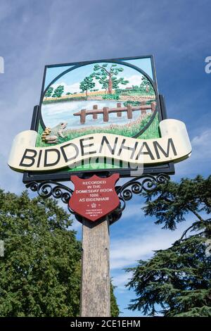 Village sign, The Green, Biddenham, Bedfordshire, England, United Kingdom Stock Photo