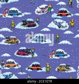 Car, broken car, car stuck in the snow, winter, snow, snowdrift, snow drift, danger, problem, vector, logo, silhouette, design, set, illustration Stock Vector