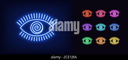 Neon hypnotic eye icon. Glowing neon eye sign with spiral iris, mesmeric vision in vivid colors. Mystic sight and suggestion, hypnosis, witchcraft. Ic Stock Vector