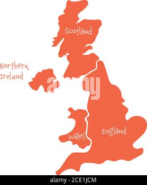 United Kingdom, aka UK, of Great Britain and Northern Ireland hand-drawn blank map. Divided to four countries - England, Wales, Scotland and NI. Simple flat vector illustration. Stock Vector