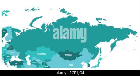 Political map of Russia and surrounding European and Asian countries. Four shades of turquoise blue map with white labels on white background. Vector illustration. Stock Vector