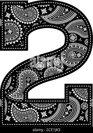 number 2 with paisley pattern design. Embroidery style in black color. Isolated on white Stock Vector