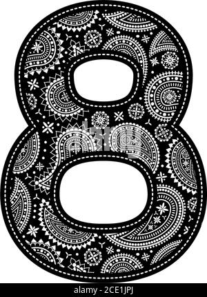 number 8 with paisley pattern design. Embroidery style in black color. Isolated on white Stock Vector