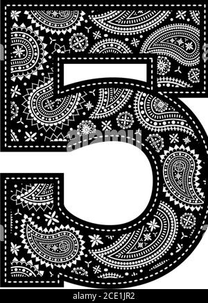 number 5 with paisley pattern design. Embroidery style in black color. Isolated on white Stock Vector