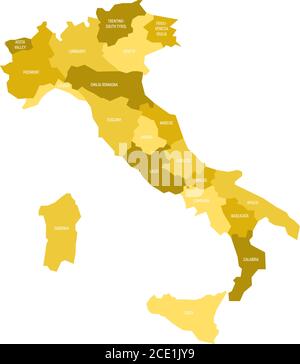 Map of Italy divided into 20 administrative regions in four shades of yellow. White labels. Simple flat vector illustration. Stock Vector