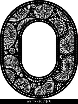 number 0 with paisley pattern design. Embroidery style in black color. Isolated on white Stock Vector