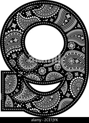 number 9 with paisley pattern design. Embroidery style in black color. Isolated on white Stock Vector