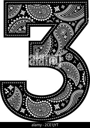 number 3 with paisley pattern design. Embroidery style in black color. Isolated on white Stock Vector