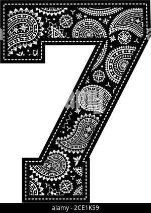 number 7 with paisley pattern design. Embroidery style in black color. Isolated on white Stock Vector