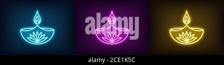 Neon diya set for Happy Diwali, azure purple yellow colors. Glowing neon Diya lamp with fire and lotus flower, Deepavali in vivid lights. Festival of Stock Vector