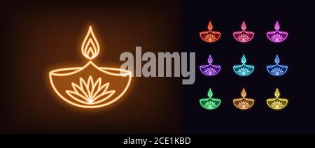 Neon diya icon. Glowing neon Diya lamp with fire and lotus flower, Deepavali in vivid colors. Happy Diwali, Festival of the Lights in India. Icon set, Stock Vector