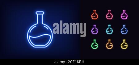 Neon beaker icon. Glowing neon lab sign, clinical research in vivid colors. Medical exploration, analysis test, chemical experiment, vaccine developme