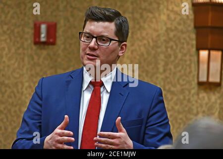Topeka, Kansas, USA, February 16, 2019  Kansas State Treasurer Jake LaTurner talks with members of the 2nd congressional district during a meeting at the annual GOP convention Stock Photo