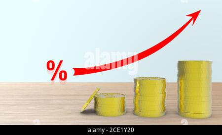 3D render metal gold coin yellow on wood table stack step up graph with red arrow and percent icon, Risk management business financial and managing in Stock Photo