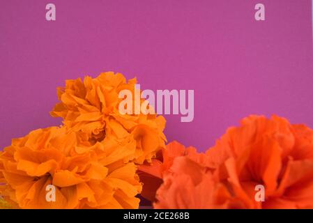 Orange flowers made out crepe paper, used in the festivity of dia de los muertos in Latin America Stock Photo