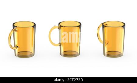 Set yellow glass mug mock up isolated on light white background. Cup 3D illustration render. Turn around rotation Stock Photo