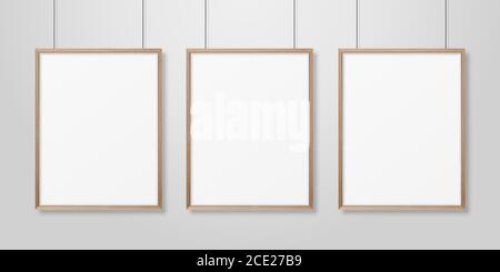 Vector 3d Realistic Three A4 Brown Wooden Simple Modern Frame on a White Wall Background. It can be used for presentations. Design Template for Mockup Stock Vector