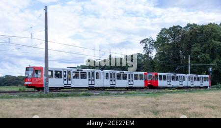 Cologne, NRW, Germany, 08 29 2020, Cologne tram, line 18 on a countryside track Stock Photo