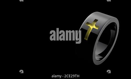 Simple classic light silver ring jewel with a gold yellow cross. with white light background. Christianity, Catholicism, Jesus. 3D illustration render Stock Photo