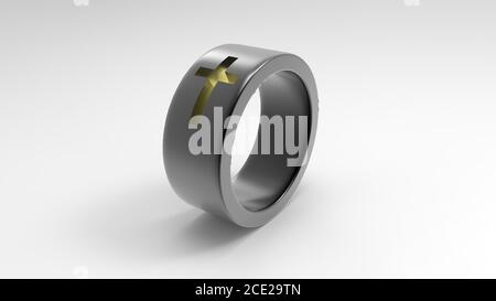 Simple classic light silver ring jewel with a gold yellow cross. with white light background. Christianity, Catholicism, Jesus. 3D illustration render Stock Photo