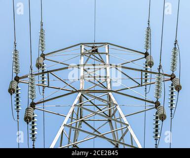 Close up of a transmission tower and power lines Stock Photo