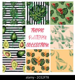 seamless pattern of tropical flowers green leaves of palm trees and flowers bird of paradis, hibiscus, avocado, Stock Vector