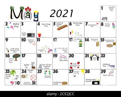 May monthly calendar illustrated and annotated with daily Quirky Holidays  and Unusual Celebrations with Sunday start week Stock Photo - Alamy