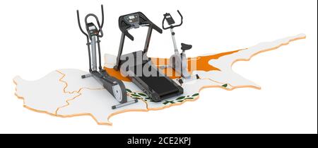 Sport clubs in Cyprus. Fitness, exercise equipments on Cyprus map. 3D rendering isolated on white background Stock Photo