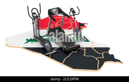 Sport clubs in Iraq. Fitness, exercise equipments on Iraqi map. 3D rendering isolated on white background Stock Photo